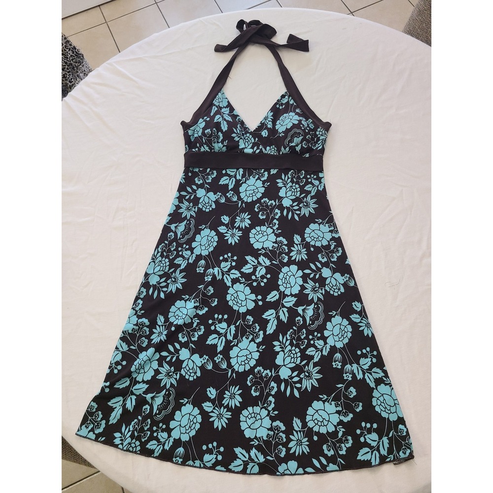 Unbranded Halter Dress Womens S Brown Blue  Floral Empire Waist Y2K Boho